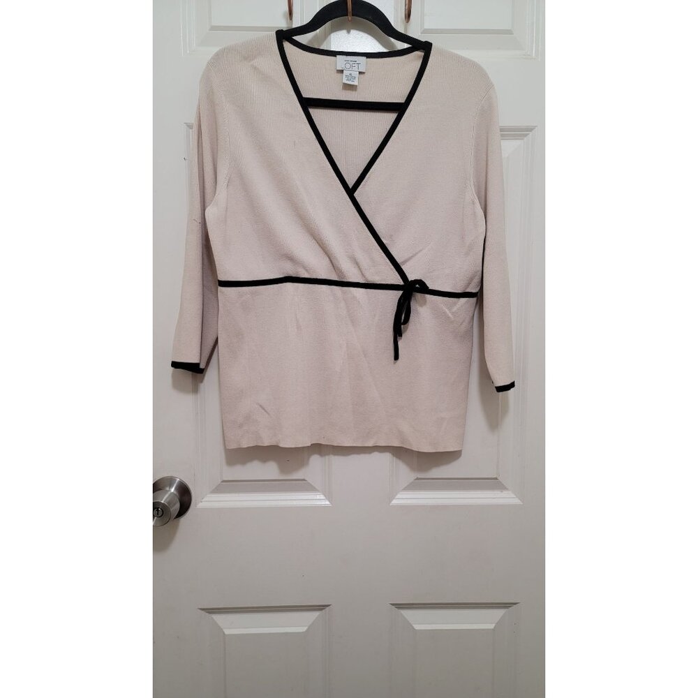 Women's Loft Beige & Black‎ Baby Doll Trim Wrap V Neck Top 3/4 sleeves SIze XL